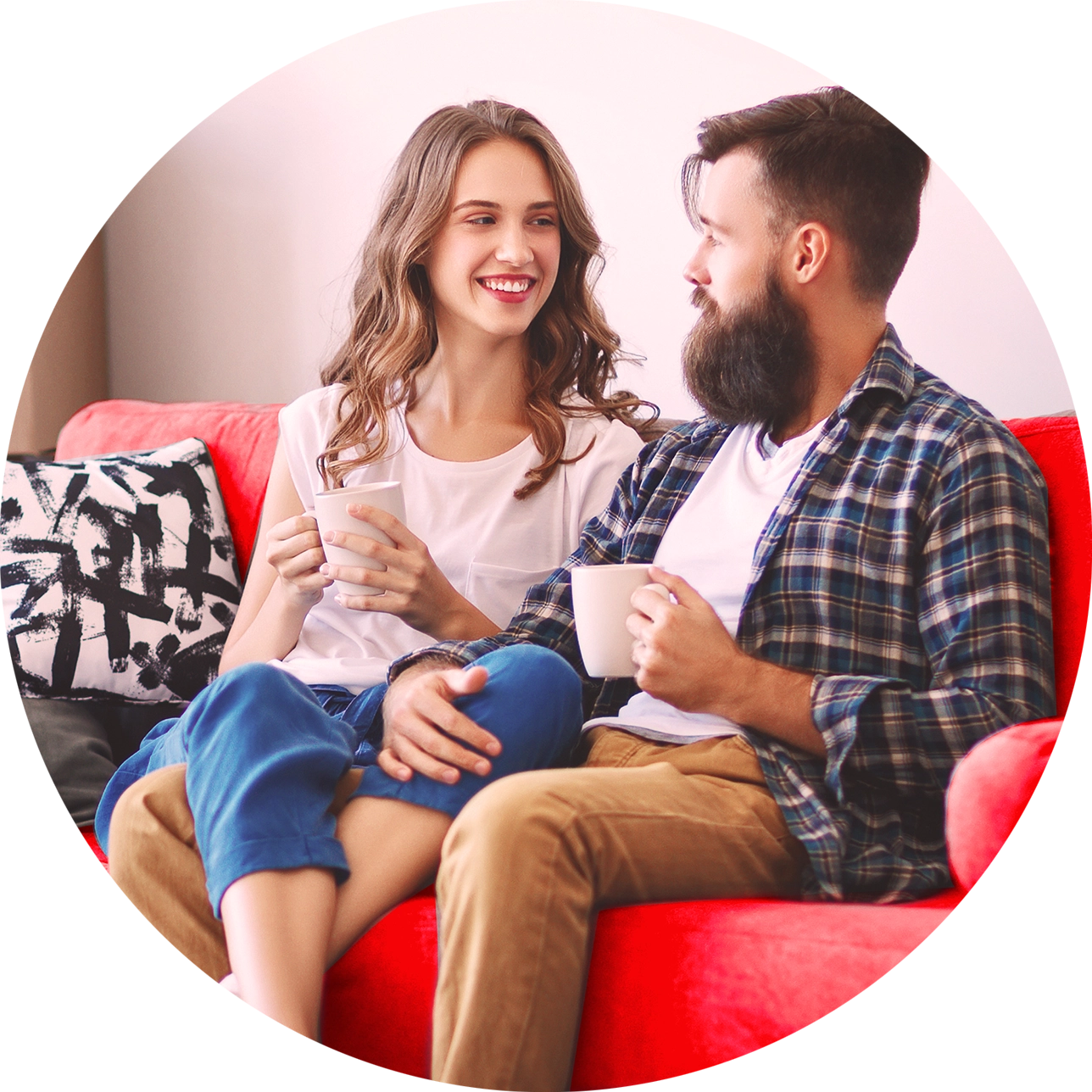 young couple on red sofa